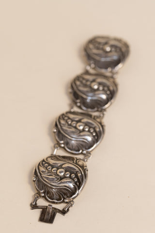 Handmade 1920's Sterling Large Leaf & Ball Bracelet