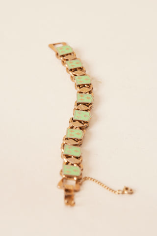 1960's Green Enamel Fleur De Lis Link Bracelet With Hinged Clip