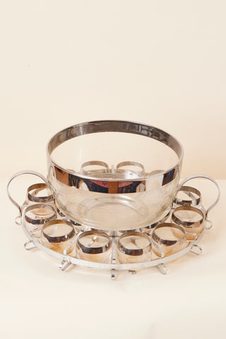 1960's Dorothy Thorpe Mid-Century Silver Band Roly Poly Glasses and Holiday Punch Bowl