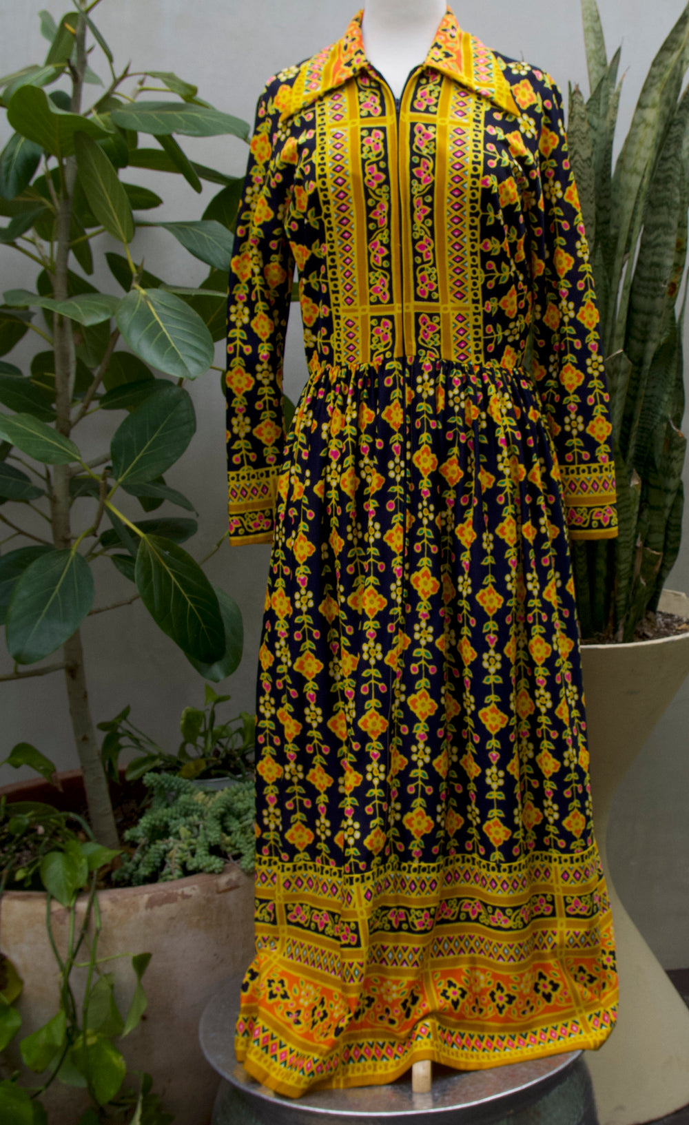 1970's I. Magnin Gold Patterned Maxi Dress Shop Divine Vintage 1970's I. Magnin Gold Patterned Maxi Dress Shop Divine Vintage