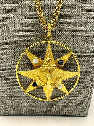 Nautical Maritime Star Compass Anchor Pendant Necklace Medallion Gold