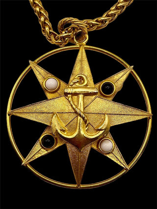 Nautical Maritime Star Compass Anchor Pendant Necklace Medallion Gold