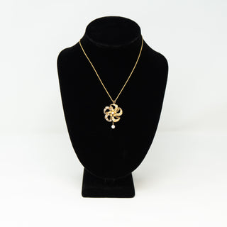 Gold Enamel Forget Me Nots with Diamond & Pearl Drop Necklace