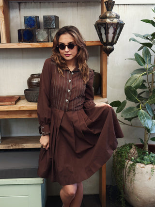 Chocolate Brown Shirt Dress With White Stitching