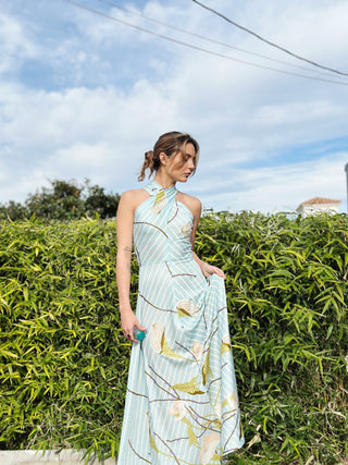 Pale Blue and Floral Printed Maxi Dress