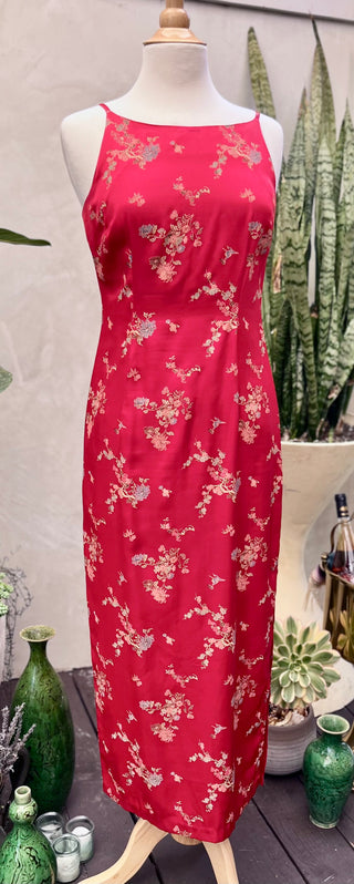 Red Asian Silk Maxi strappy dress