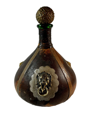 VTG Italian Leather Wrapped Glass Decanter Wine Bottle Brass Lions Head