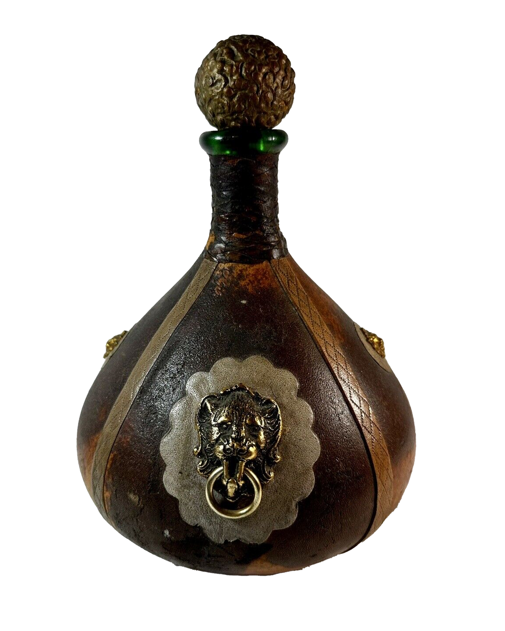 VTG Italian Leather Wrapped Glass Decanter Wine Bottle Brass Lions 