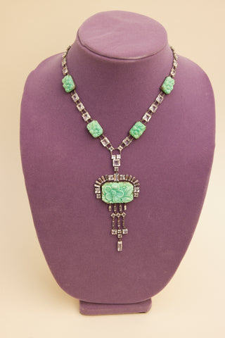 Art Deco Crystal Sterling Carved Green Glass Necklace C. 1920's
