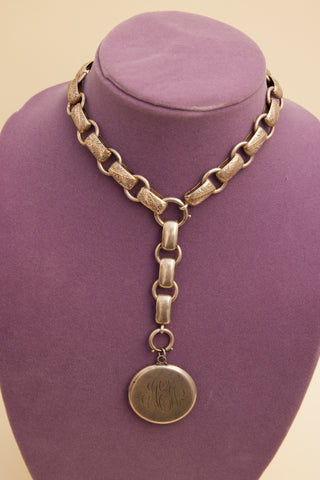 Silver Engraved Victorian English Locket with Gold Appliqué Hearts C. 1880