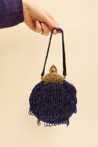 Victorian cobalt glass bead fringe purse