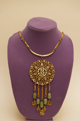 Goldette Asian Motif Bib with Faux Jade necklaces Necklace C. 1950's