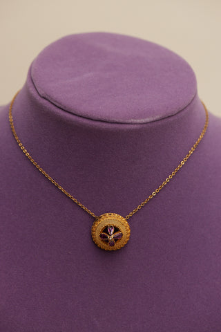 Victorian c. 1860 gold, rhodolite garnet flower disc necklace