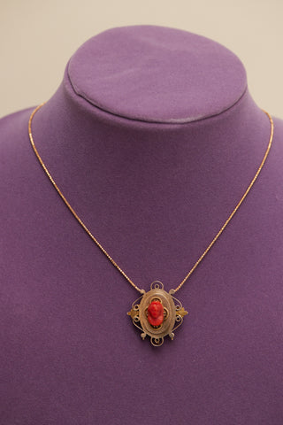 Victorian Gold with Hand Carved Coral Cameo Pendant Necklace