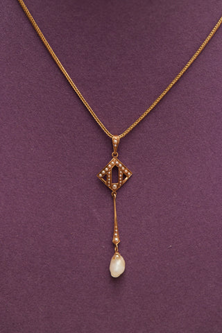 Diamond Shape Lavalier with Seedpearl and Pearl 14 K Necklace