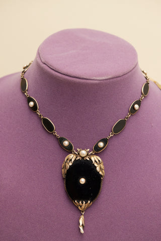 Vintage 1930's Black Onyx, Real Pearl Handmade Gilt Silver Accents Necklace