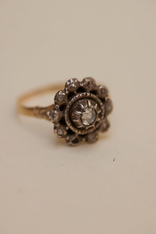 Victorian Rose Cut Diamond Flower Set in Gold & Silver Ring