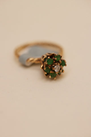 14 K Braided Ring with Emerald and Diamond Flower