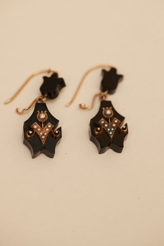 Black Onyx Victorian Earrings with Seed Pearls