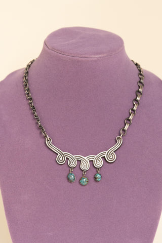 Taxco 1950's Handmade Sterling Necklace with 3 Turquoise Stones