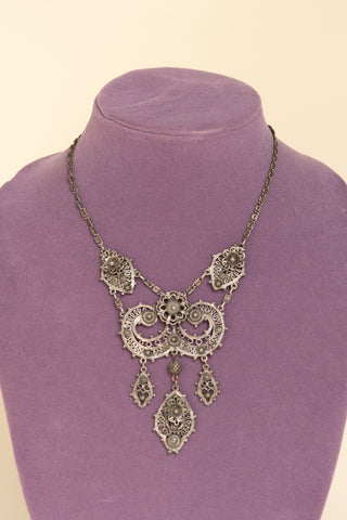 1950's Dark Silver Metal Filagree Multi Pendant Necklace