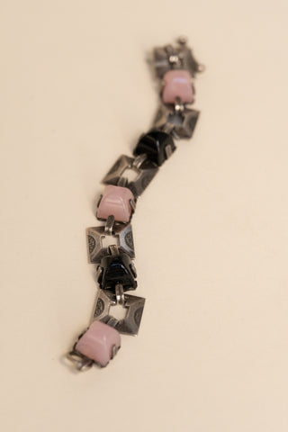 Art Deco Sterling Rose Quartz & Onyx Sugar Loaf Link Bracelet