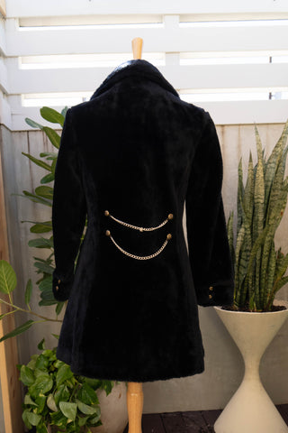 Black Faux Fur Coat with Gold Buttons