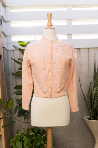 1950's Pink Floral Beaded Cardigan with Pearl Buttons