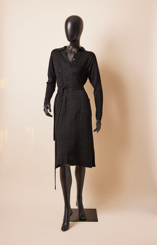 1980's Black Sparkly Sheer Knit Dress With Belt