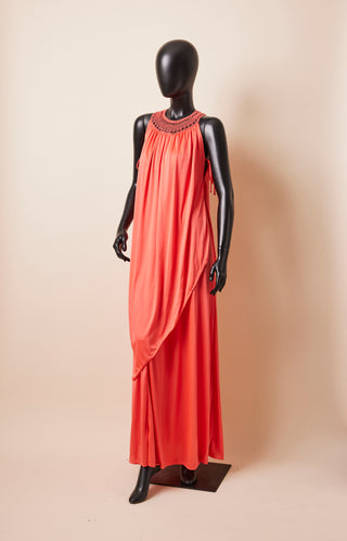 1970's Coral Grecian Tunic Dress With Ties