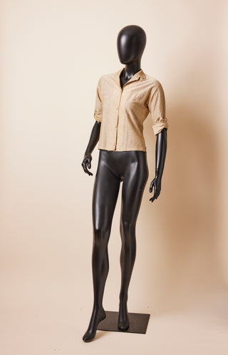1980's Gold Button Down Blouse With 3/4 Strap Sleeve