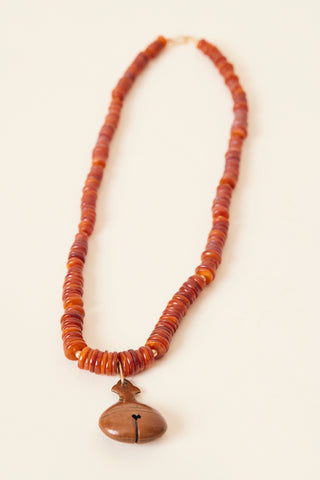 1970's Tibetan Carnelian Agate Beaded Necklace With Bell Pendant