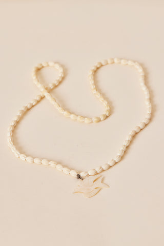 1970's Hawaiian Carved Ivory Pikake Necklace With Dove Pendant