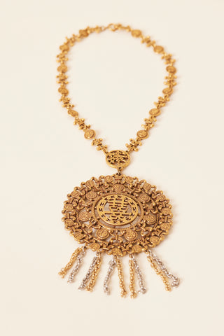 Gold Chinese Fringed Medallion Pendant Necklace