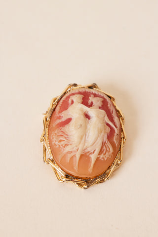 Vintage Oval Gold Tone Cameo Brooch Pin Pendant Two Dancing Graces