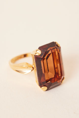 1979 Gold Emerald Cut Amber Stone Cocktail Ring