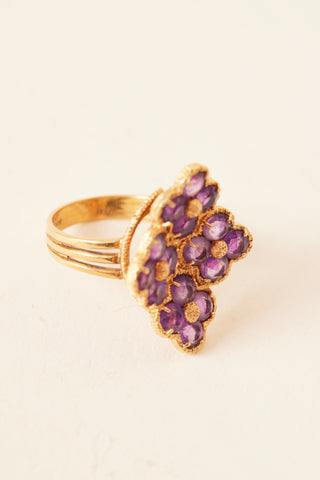 18 Karat Yellow Gold Esemco Purple Stone Flower Cocktail Ring