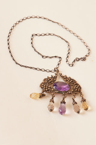 1970'S Purple Floral Boho Fringe Chain Necklace