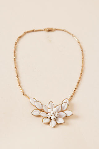 1960's Gold & White Enamel Floral Statement Necklace