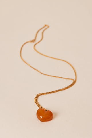 1970's Amber Agate Heart Stone Pendant On 10 Karat Gold Chain