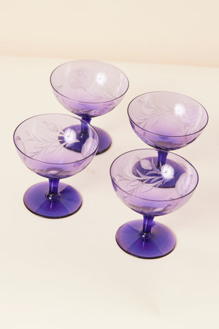 Purple Hand Etched Coupe Glasses